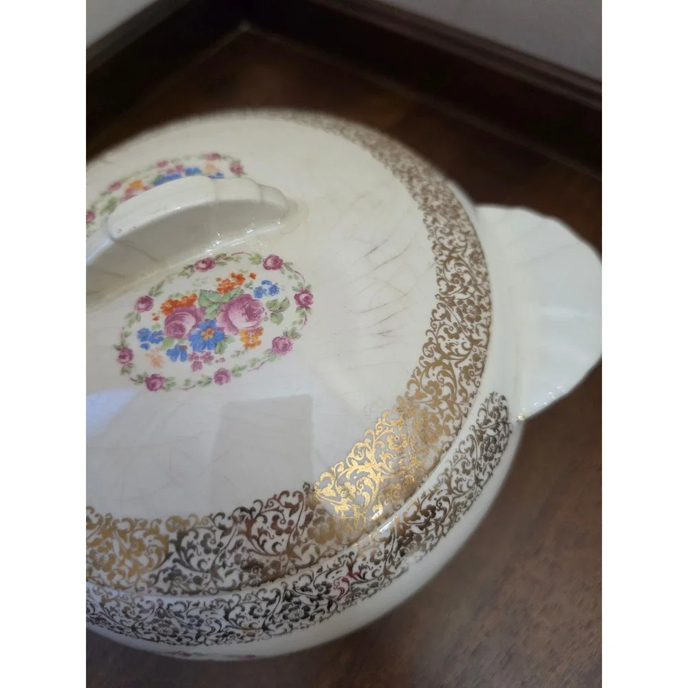 Vintage Paden City Pottery Bak-Serv Lidded Tureen Casserole Dish 22K Gold 1930s